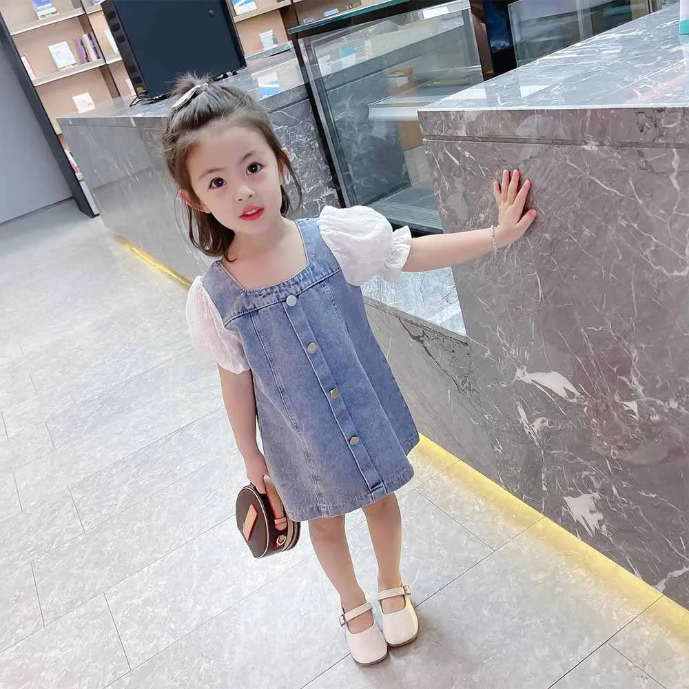 Summer Girls Fashion Denim Dress Baby Girls Puffed Sleeve Square Collar Pure Cotton Clothes Kids Cute Princess Dress