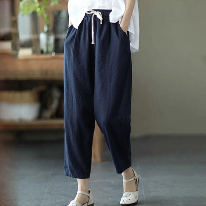 Rimocy 2024 Summer Casual Cotton Linen Pants Women Retro Pockets Loose Harem Pants Woman Solid Elastic Waist Trousers Female - Mozarto Enterprise