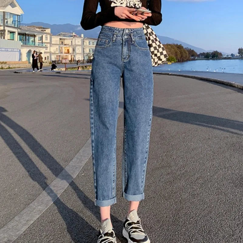 High Waist Splicing Design Straight Denim Jeans Women's Loose New Gray Fashion New Pants - Mozarto Enterprise