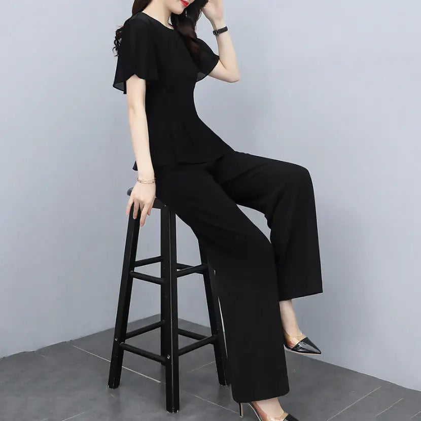 Summer New Fashion Women's Suit Black Thin Flying Sleeve Chiffon Shirt High Waist Wide Leg Pants Temperament Two-piece Set - Mozarto Enterprise