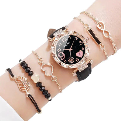 6pcs Women's Flower Quartz Watch & Bracelets Set