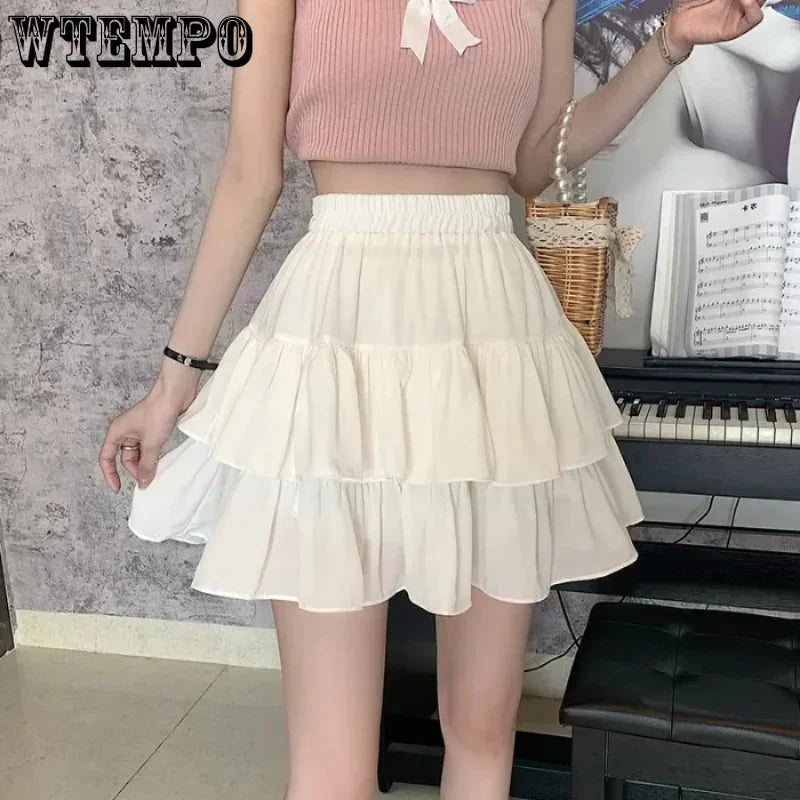 Pleated A-line Skirt White Women Ruffles Sweet Hottie Preppy Style Elastic Elastic Waist Slim Thin SimpleCasual Summer Wholesale - Mozarto Enterprise