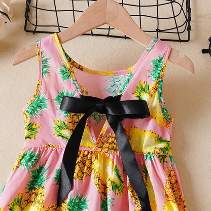 Summer Autumn Girls Dress Children V-Neck Sleeveless Korean Printed Pineapple Vest Dresses Baby Bow Sweet Costume For 9M-6Y