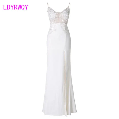 Sling Deep V Low cut Sexy Perspective Embroidery Dress Temperament White Slim Slit Night Show - Mozarto Enterprise