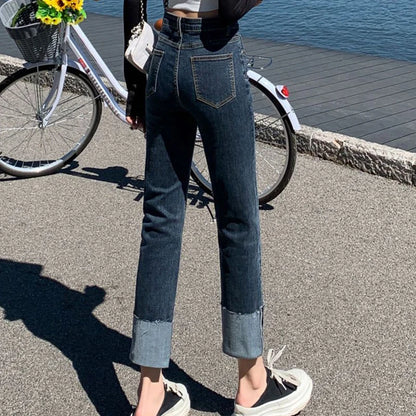 High Waisted Elastic Denim Jeans for Women's New Slim Fit Straight Cuffed Smoke Pipe Pants Classic Fashion Dropship - Mozarto Enterprise